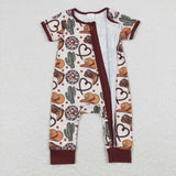 Short sleeves boots hat cactus boy western zipper romper