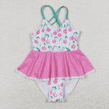 S0251 Pink cherry polka dots girls one pc summer swimsuit