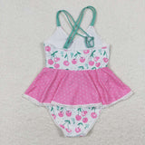 S0251 Pink cherry polka dots girls one pc summer swimsuit