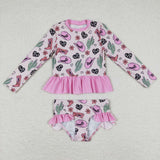 Pink long sleeves boots cactus girls western swimsuit
