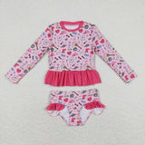 Pink long sleeves guitar 2 pcs singer girls swimwear
