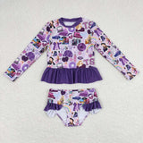 Purple long sleeves rainbow 2 pcs singer girls swimwear
