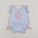 SR0931--embroidery Ballet shoes blue short sleeve baby romper