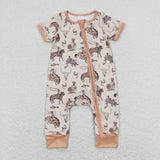 Short sleeves rodeo bull skull baby western zipper romper