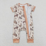 Short sleeves rodeo bull skull baby western zipper romper
