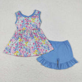 GSSO0547-- summer flower blue short sleeve girls outfits