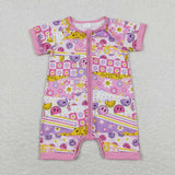 Pink short sleeves smile flower baby girls zipper romper