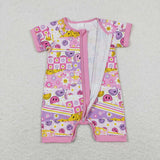 Pink short sleeves smile flower baby girls zipper romper