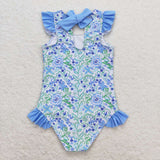 Light blue green floral girls one pc swimsuit