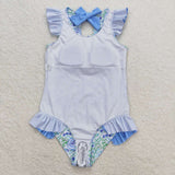 Light blue green floral girls one pc swimsuit