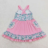 Pink floral sleeveless baby girls summer dresses
