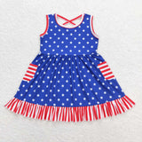 Sleeveless stripe stars pockets girls 4th of july dresses