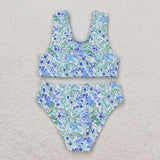 Light blue green floral 2pcs girls summer swimsuit