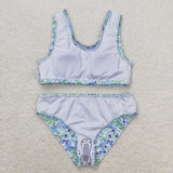 Light blue green floral 2pcs girls summer swimsuit