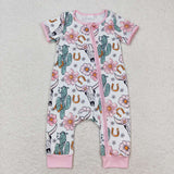 Pink bull skull cactus floral baby girls zipper romper