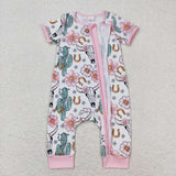 Pink bull skull cactus floral baby girls zipper romper