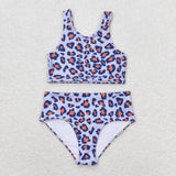 Sleeveless red blue leopard girls 4th of July swimsuit