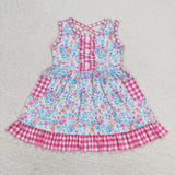 Sleeveless floral plaid ruffle girls summer dress