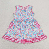 Sleeveless floral plaid ruffle girls summer dress