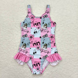 Sleeveless pink plaid floral singer girls summer swimsuit