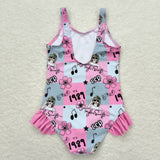 Sleeveless pink plaid floral singer girls summer swimsuit