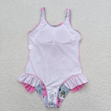 Sleeveless pink plaid floral singer girls summer swimsuit