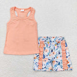 Sleeveless peach top floral ruffle shorts girls summer clothes
