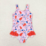 Sleeveless pink popsicle firework girls 4th of july swimsuit