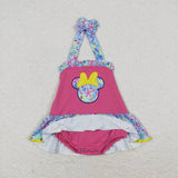 Hot pink watercolor embroidery mouse baby girls romper