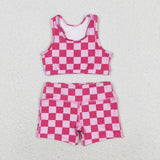 Sleeveless pink plaid top shorts girls clothing set