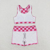 Sleeveless pink plaid top shorts girls clothing set