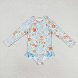 Long sleeves floral girls one pc summer swimsuit