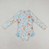 Long sleeves floral girls one pc summer swimsuit