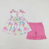 Straps stripe floral tunic ruffle shorts girls clothing set