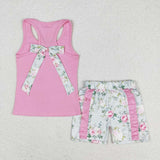 Sleeveless pink top floral ruffle shorts girls summer clothes