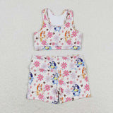 Sleeveless floral dog top shorts girls swim suit