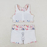 Sleeveless floral dog top shorts girls swim suit