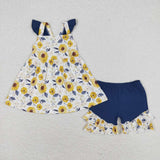 Flutter sleeves sunflower tunic ruffle shorts girls summer set