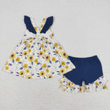 Flutter sleeves sunflower tunic ruffle shorts girls summer set