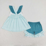 Flutter sleeves plaid lineman kids girls summer clothes