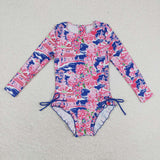 Long sleeves hot pink floral girls summer swimsuit
