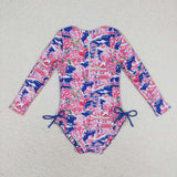 Long sleeves hot pink floral girls summer swimsuit