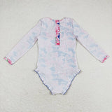 Long sleeves hot pink floral girls summer swimsuit