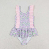 Pink ruffle floral one piece baby girls swimsuit