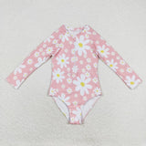 Long sleeves pink floral girls one pc summer swimsuit