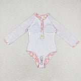 Long sleeves pink floral girls one pc summer swimsuit