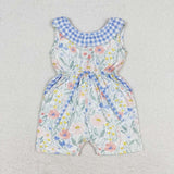 Blue plaid floral pockets baby girls jumpsuit