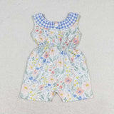 Blue plaid floral pockets baby girls jumpsuit