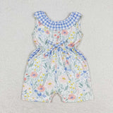 Blue plaid floral pockets baby girls jumpsuit