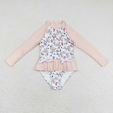 Long sleeves flamingo girls one pc summer swimsuit